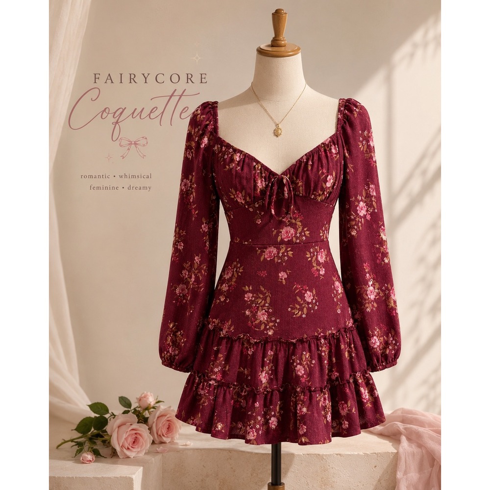 City Vibe Burgundy Floral Long Sleeve Mini Dress Cottagecore Fairycore Size 1